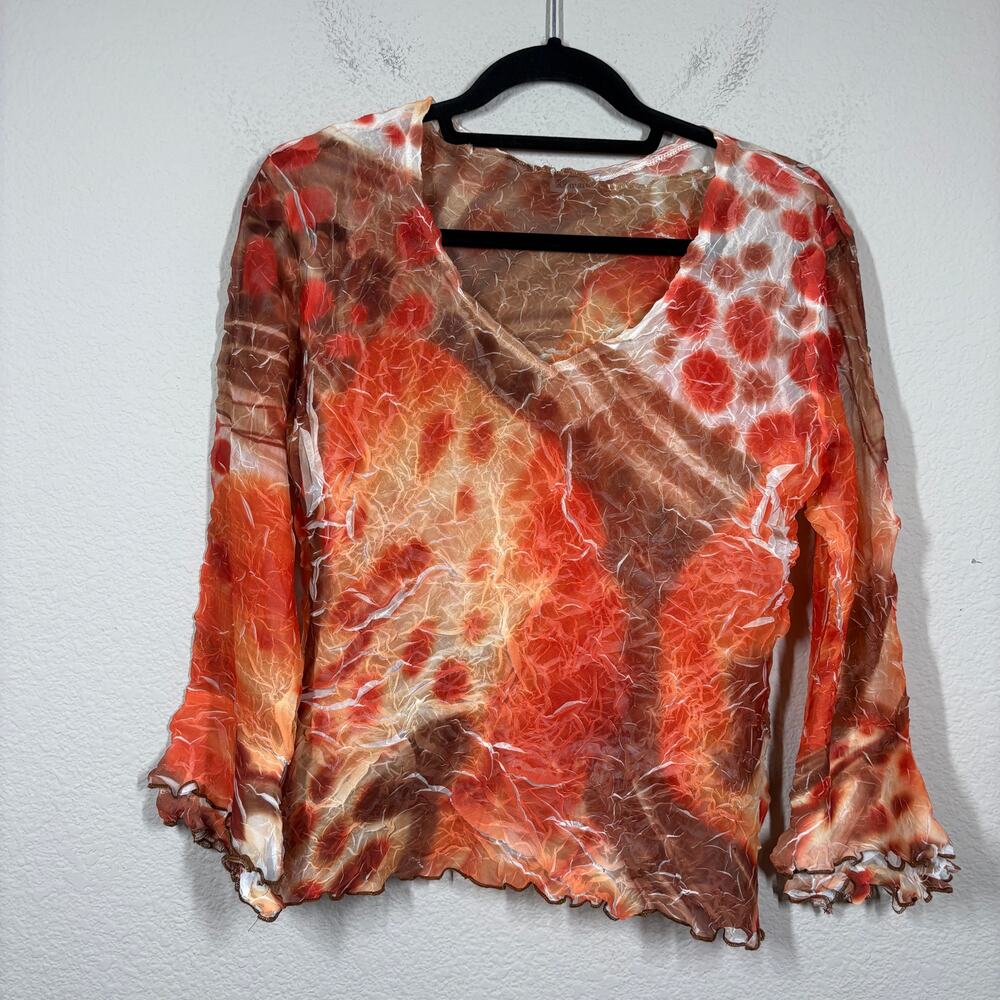 Komarov Large Blouse Orange Abstract Print Lightweight Layering Crinkle Colorful